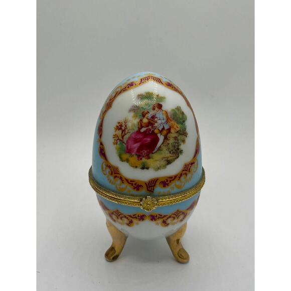 Vintage French Porcelain Egg W/ Gold Accents For Trinkets & Jewelry Excellent